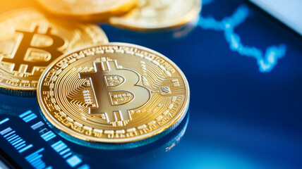 Digital currency investment with Bitcoin coins on smartphone screen