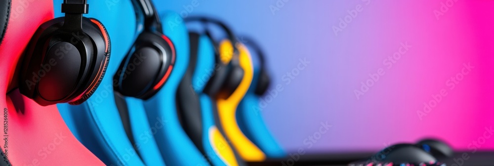 Poster immersive gaming workspace vibrant ergonomic chair with sleek headset - cutting-edge entertainment d