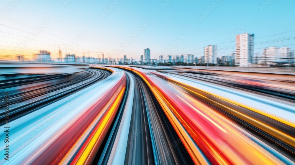 Poster dynamic urban speedways futuristic city skyline with multilevel transportation networks - smart mobi