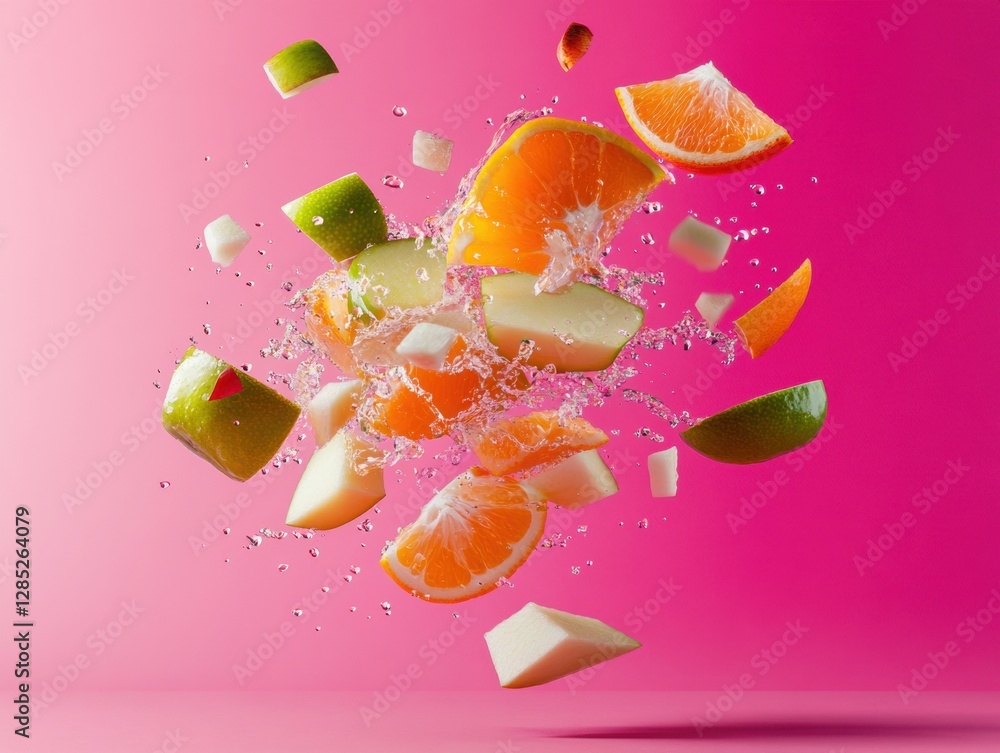 Poster vibrant fruit infusion dynamic citrus and apple floating splash on pink background - refreshing beve