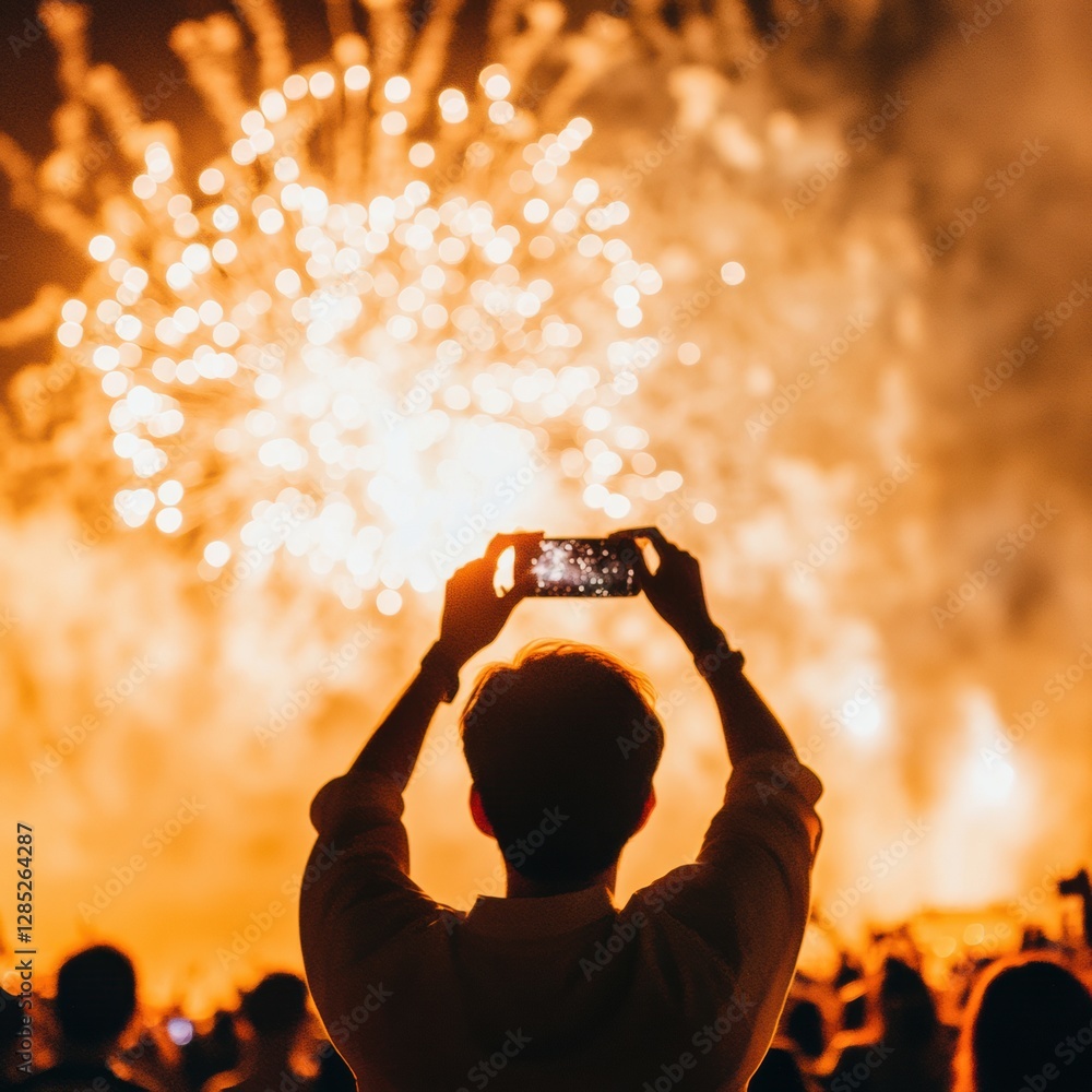 Poster Dynamic Nighttime Fireworks Display Vibrant Explosive Patterns in Silhouetted Crowd for Festive Event Marketing and Social Engagement Content Creation