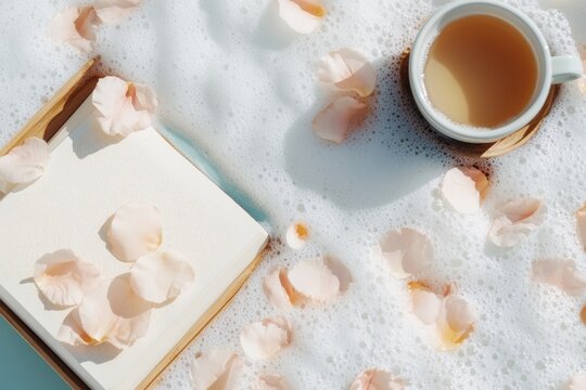 Cozy Home Spa Retreat Luxurious Bubble Bath with Petals, Book, and Herbal Tea - Elevate Well-being and Lifestyle Enhancement with Home Decor Inspiration
