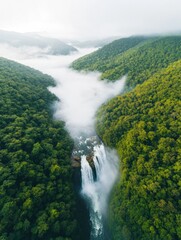 Cascading Waterfall Aerial View Misty Verdant Cliffs with Dense Foliage - Eco-Tourism Content and Sustainable Landscape Documentation for Environmental Awareness