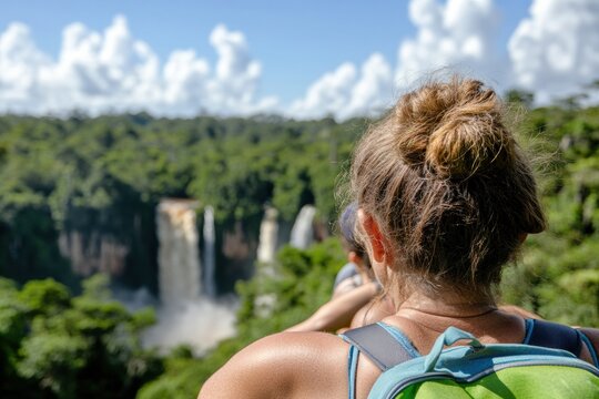 Immersive Eco-Tourism Adventure Diverse Tourists in Casual Hiking Gear Captivated by Vigorous Waterfall - Enhancing Landscape Documentaries and Community Travel Experiences - Powered by Adobe