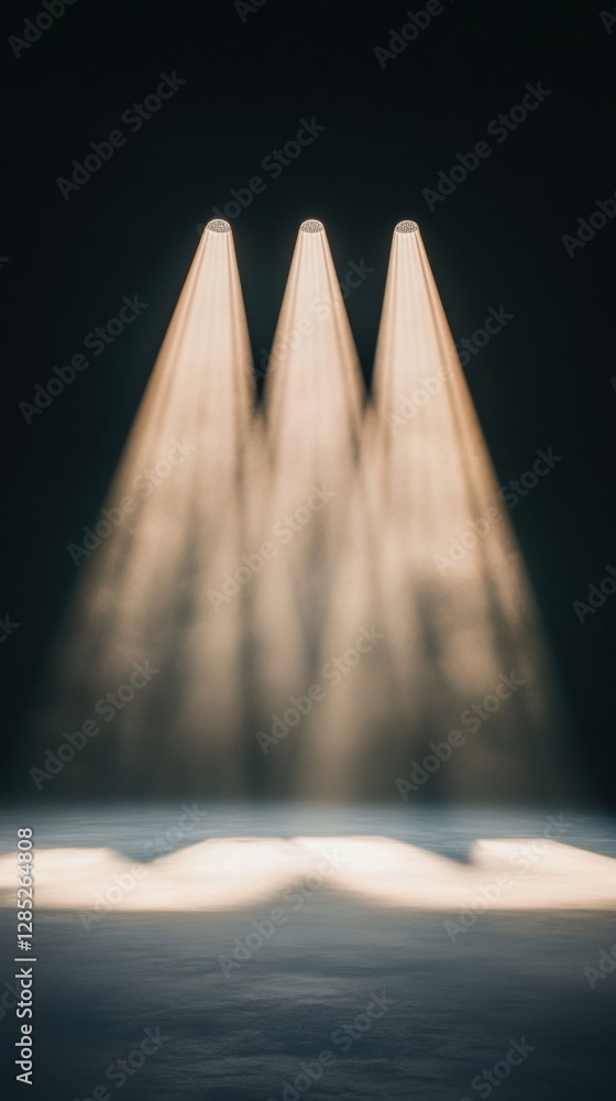 Fototapete fog-laden theatrical lights dynamic spotlight array illuminating smoke and particles - enhancing sta