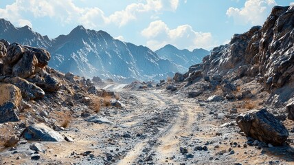A breathtaking view of a rocky terrain typical of Dakar Rally tracks, showcasing large boulders and a winding path through a dramatic mountainous landscape.