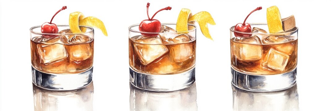 Stunning Watercolor Painting of Three Classic Whiskey Sour Cocktails in Old-Fashioned Glasses with Lemon Twist and Cherry on a White Surface - Perfect for Art and Mixology Enthusiasts