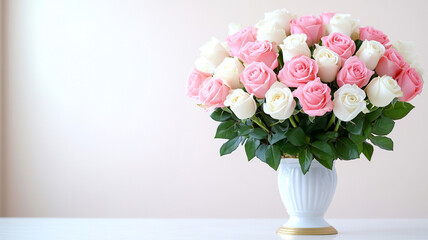 Fototapeta premium Stunning bouquet of pink and white roses in elegant vase, perfect for any occasion