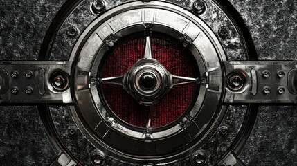Obraz premium Intricate Metallic Design with Central Button on Textured Background for Creative Projects and Visual Art