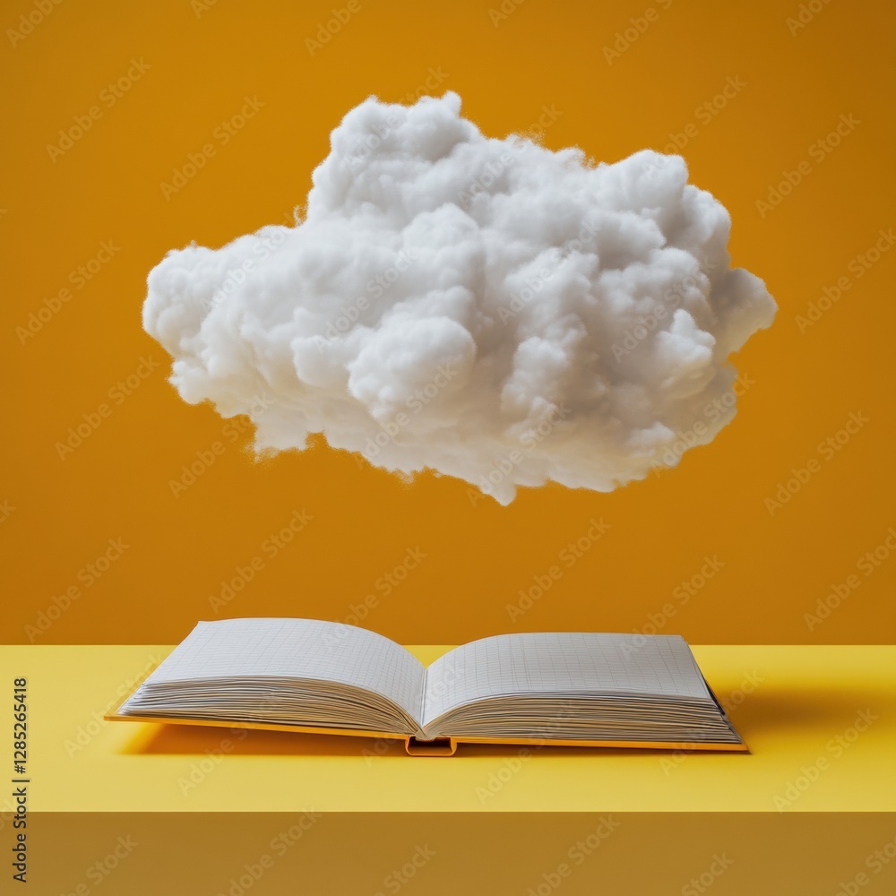 Poster imaginative study fluffy cloud thought bubbles above open notebook on yellow desk - boosting focus a
