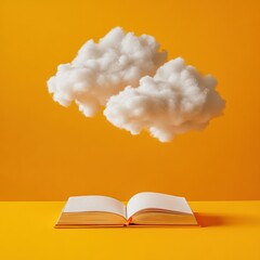 Mindful Study Aesthetic Fluffy Cloud Thought Bubbles Above Open Notebook on Vibrant Yellow Desk - Enhancing Academic Creativity and Focus in Educational Content