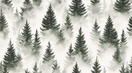 Obraz premium Serene Foggy Forest Seamless Pattern: Watercolor Fir Trees Fading Into Mist with Depth and Tranquility for Digital and Print Applications - Perfect for Your Next Design Project