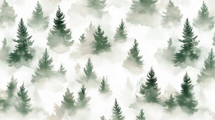 Obraz premium Tranquil Foggy Forest Seamless Pattern: Watercolor Fir Trees in Mist, Perfect for Digital and Print Designs, Layered Brushwork Creates Depth and Serenity on a White Background