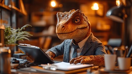 A funny dinosaur T-Rex in a business suit is an unexpected office worker.