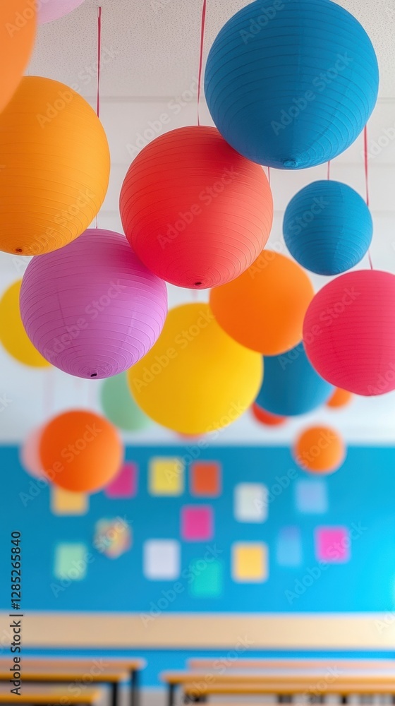 Aufkleber vibrant classroom decor colorful hanging lanterns in academic space - inspiring educational design a