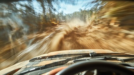 Dynamic Off-Road Adventure Captured from Driver's Perspective on a Dusty Trail in a Forested Area