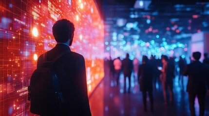 Naklejka premium Corporate networking event with glowing AR attendee tags and data, vibrant atmosphere, dynamic lighting, photorealistic
