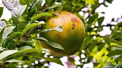 Exotic calabash fruit hanging on a tree in a tropical garden showcasing nature's bounty and vibrant color