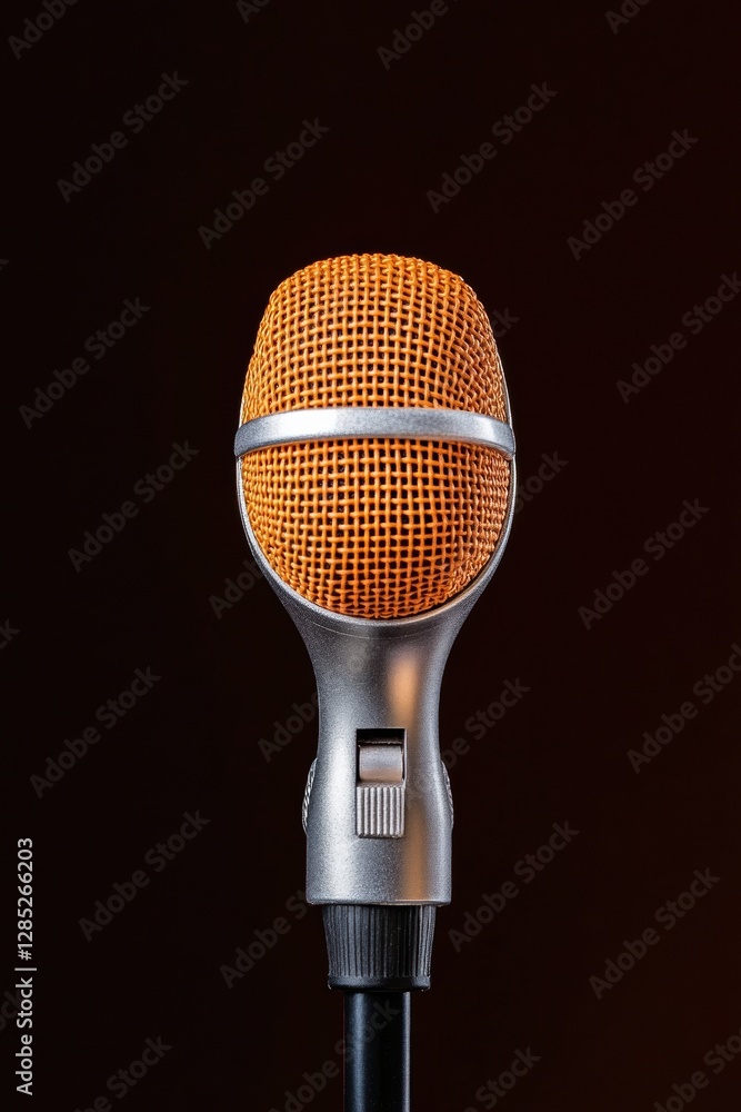 Poster retro-tech microphone display vintage metallic mesh on mic at press podium - strategic audio brandin