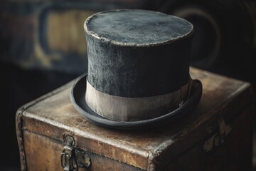 Vintage Top Hat on Antique Wooden Chest in Dimly Lit Room