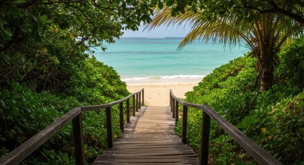 Fototapeta premium Wooden Path Leading to Tropical Beach Paradise with Lush Greenery