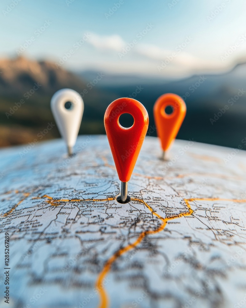 Poster Modern Travel Mapping Vibrant Pushpins on Textured Paper Map - Visualizing Route Planning for Dynamic Travel Content and Adventure Tourism Marketing