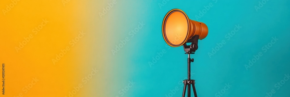 Poster Vibrant Studio Lighting Setup Sleek Tripod with Modern Light and Reflector on Color Gradient Backdrop - Creative Gear Showcase and Visual Technique Instruction
