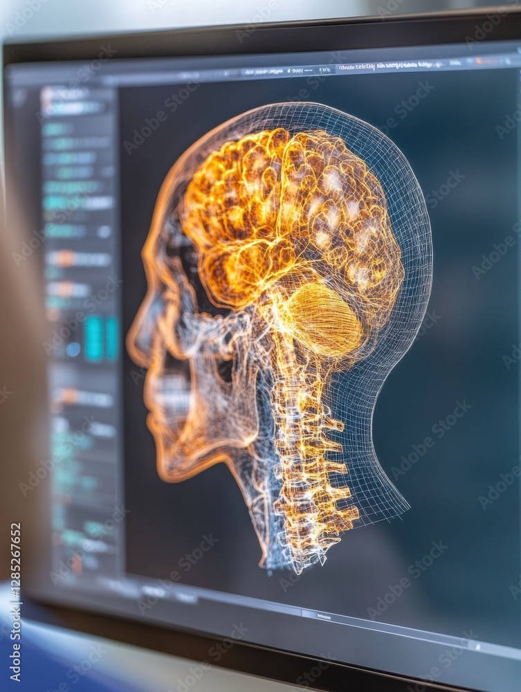 Poster Futuristic Neuroscience Visualization Digital Brain Scan on High-Resolution Monitor - Cutting-Edge Healthcare Visualization and Remote Diagnostic Advancement