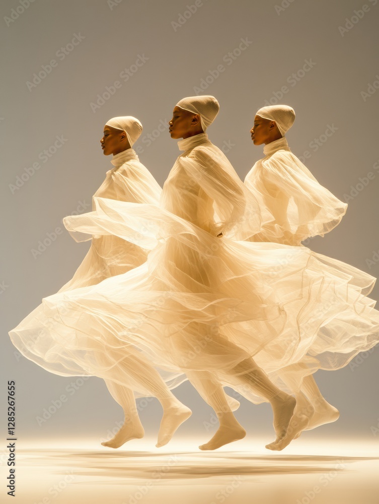 Aufkleber dynamic dance synchronized leap of grace in flowing chiffon attire - performing arts content and mod