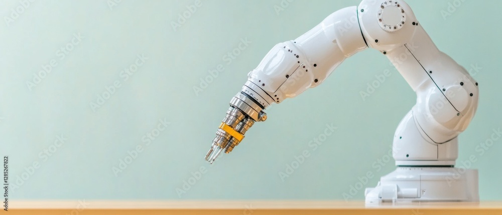 Poster Futuristic Industrial Robotics Smooth White Robotic Arm in Minimalistic Lab - Cutting-Edge Automation Technology for Advanced Research and Precision Manufacturing