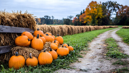 Autumn pumpkins by hay bales, farm road