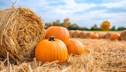 Autumn pumpkins harvest field hay bale