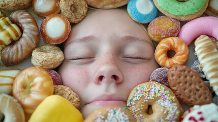 Sad person surrounded by sugary foods, reflecting the struggle between indulgence and emotional well-being, highlighting the complexities of comfort and self-care.