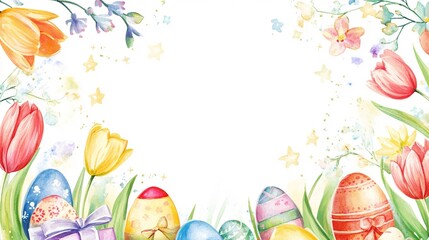 Whimsical Hand-Painted Easter Border with Colorful Eggs, Tulip Petals, and Wrapped Gifts &ndash; Perfect for Holiday Greetings and Branding in Soft Watercolor Style