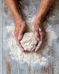 Fototapeta premium Nostalgic Culinary Traditions Elderly Hands Kneading Dough on Rustic Wood - Cultural Heritage Imagery for Food Marketing and Storytelling
