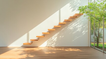 Modern Minimalist Floating Staircase in Open Living Area with Wooden Steps and Floor-to-Ceiling Windows - Architectural Design for Sophisticated Residential Spaces