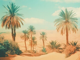 Desert oasis palm trees, sunny landscape, tranquil scene, background mountains