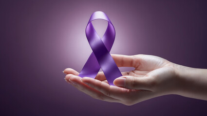 Woman holding purple Ribbon for supporting people with Pancreatic Cancer, world Alzheimer, epilepsy, lupus