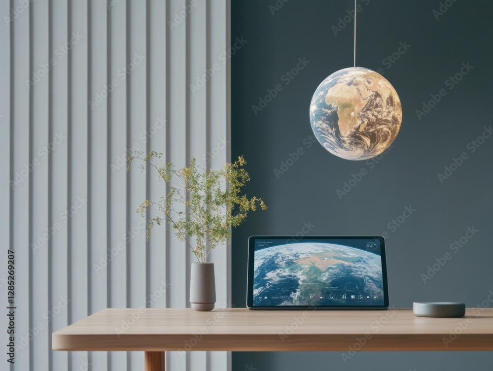 Aufkleber minimalist workspace with digital globe and tablet modern tech decor for remote travel planning in t