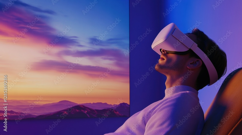 Poster futuristic vr immersion sleek headset experience in ambient led-room with panoramic travel screen - 