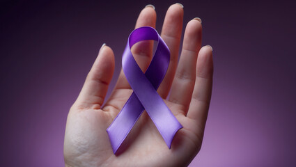 Woman holding purple Ribbon for supporting people with Pancreatic Cancer, world Alzheimer, epilepsy, lupus