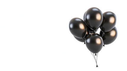 Black balloons float against white background; celebration