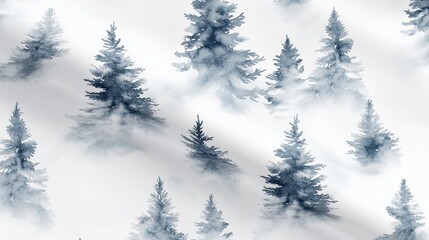 Fototapeta premium Serene Watercolor Pattern of Misty Spruce Forest - Elegant Fir Trees in Soft Fog, Ideal for Fabric and Wallpaper Designs, Airy Aesthetic with Natural Flowing Composition on White Background