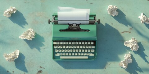 Retro Minimalism in Creative Writing Vintage Typewriter on Mint Surface for Modern Content Creation - Ideal for Publishing and Advertising Professionals