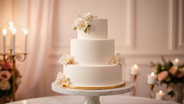A stunning three-tiered wedding cake with pure white fondant
