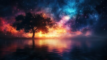 Cosmic Odyssey, a vibrant digital realm showcasing glowing binary stars, an expansive data universe, and AI's journey through the cosmos