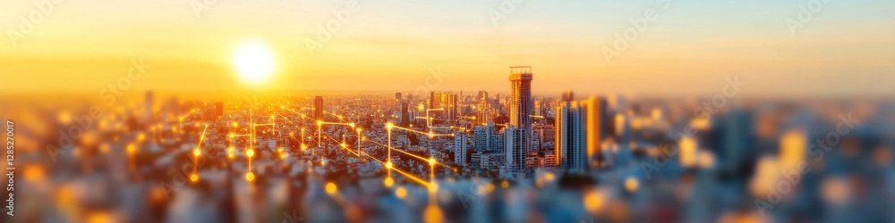 Poster futuristic urban cityscape digital grid overlay on skyscrapers with data streams - smart city techno