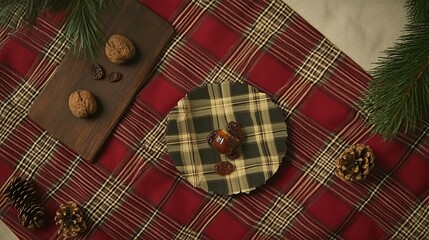 Festive pastry, nuts, plaid tablecloth, Christmas setting, food photography