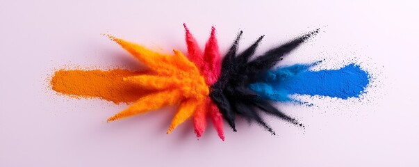 Colorful Burst of Pigment Powder Explosion Artistry Blend Orange Red Black Blue Hues on Light Backdrop