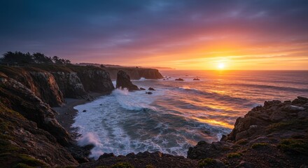 Coastal Sunset Scene with Cliffs, Ocean Waves, and Colorful Sky